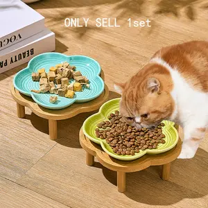 Pet Ceramic Feeding Bowl with Wooden Rack, 1 Set Easy To Clean Cat and Dog Food Plate, Durable and Stylish Design Feeding Supplies