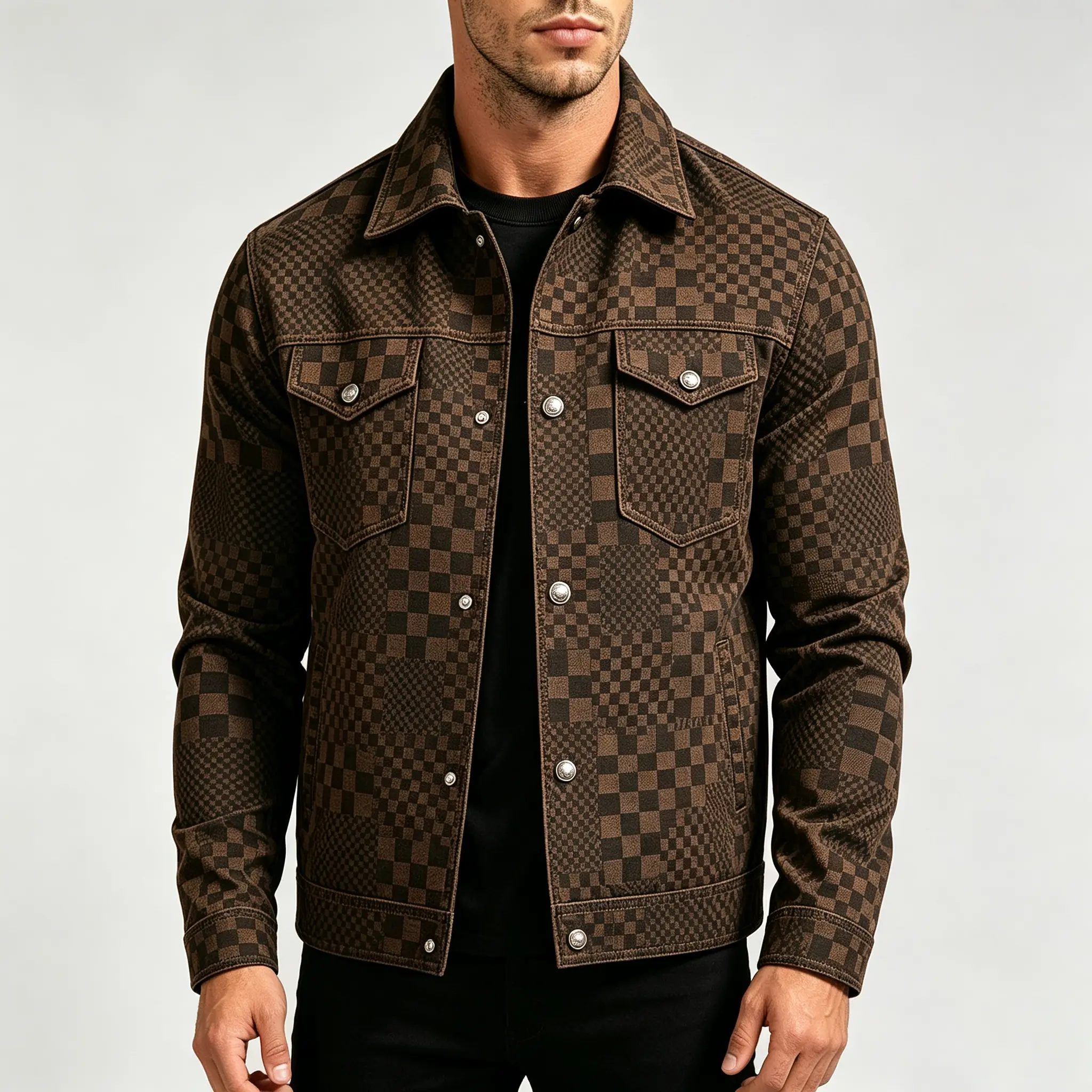 Men's Classic Workwear Denim Jacket - Gradient Plaid Checked Fabric, Vintage Casual Multi-Pocket Commuter Tops, Soft Collar, Shiny Loose Fit Retro Layer Outfit