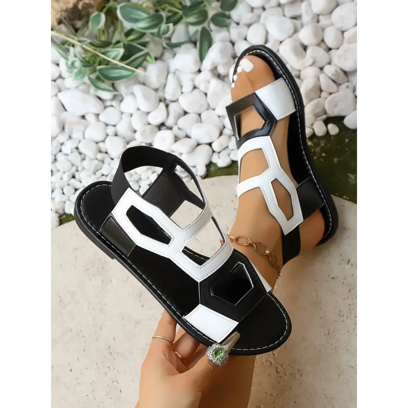 Leather-Like 2026 Retro Cutout Roman Casual Sandals, Flat Toe, Colorblock Design, Comfortable Style, Ideal for Daily Outings & Vacation Wear
