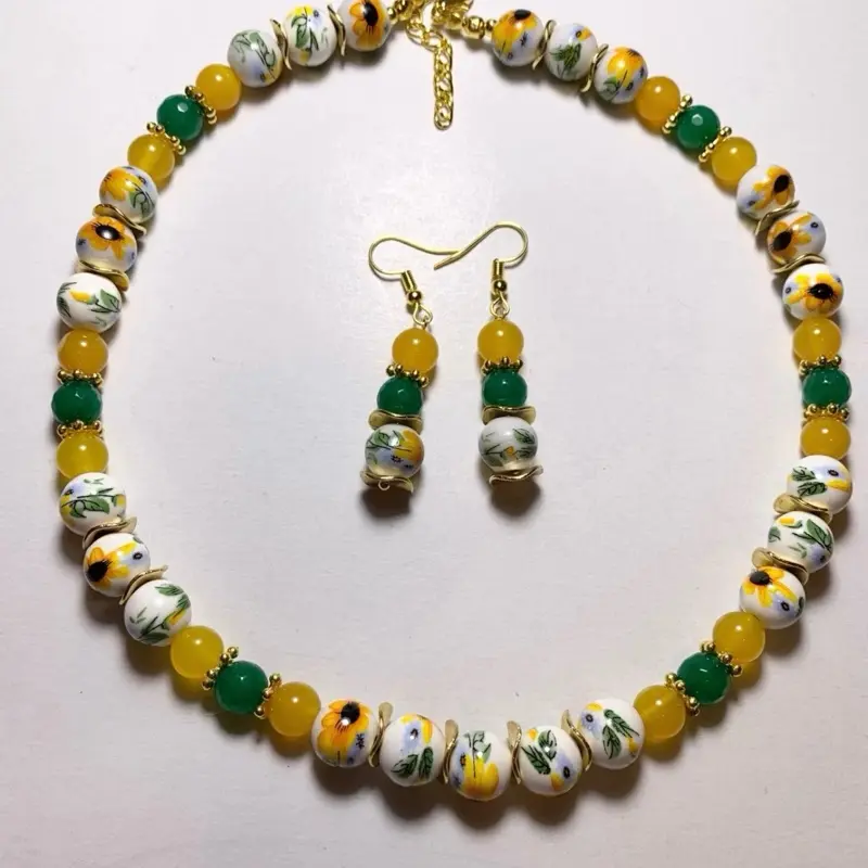 Sunflower Beaded Necklace with Earrings - Yellow Green Beads Gold Chain Jewelry Set