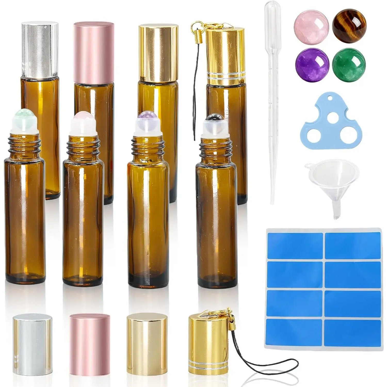 8 Pack 4 Types Roller Bottles for Essential Oils, 10ml Refillable  Glass Roll  Bottles with   Roller Balls, Leak-Proof Travel Perfume Bottle with exquisite Caps