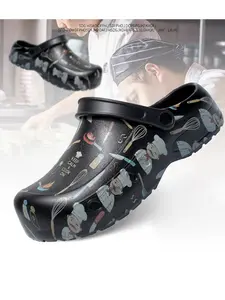 Men's Large Size Chef Print Anti-Slip Sandals, Kitchen Work Shoes, Breathable Oil-Resistant Toe Posture Slippers, Back Kitchen Specialized Footwear, Breathable Non Slip