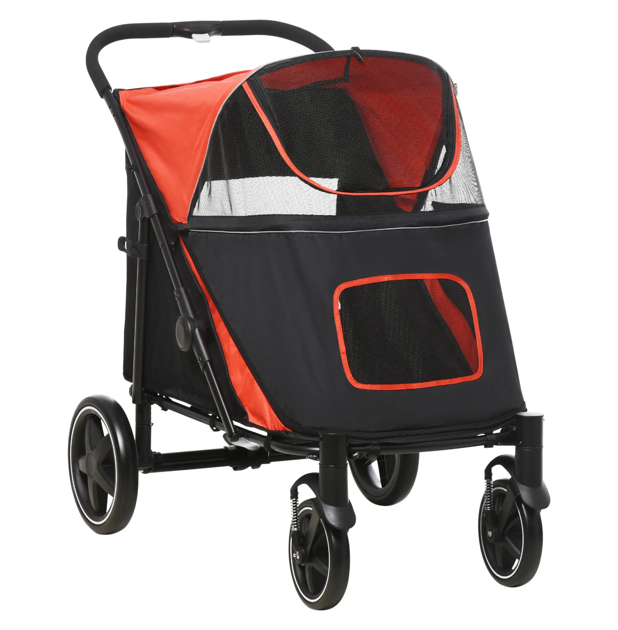 Dog Stroller for Medium Large Dogs - PawHut One-Click Foldable Pet Stroller, Shock Absorbing Wheels, Storage Basket, Mesh Ventilation - Red Red + Steel