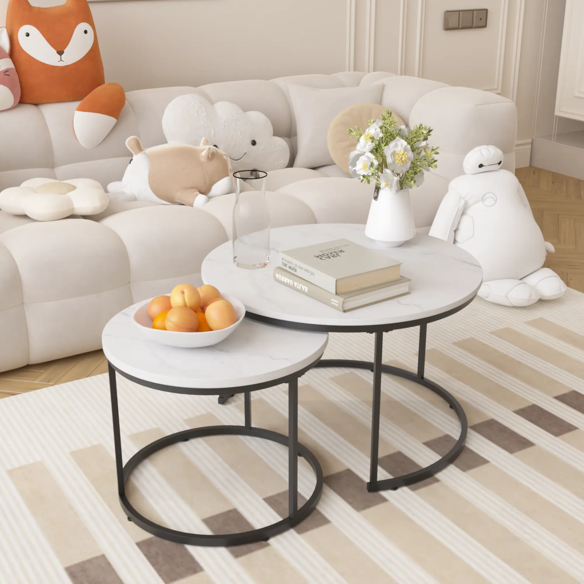 2‑Piece Nesting Coffee Table Set, Modern Round Table With Marble Print MDF Top & Heavy‑Duty Metal Iron Frame, High Load‑Bearing Space‑Saving Side End Table, Ideal For Living Room Bedroom Apartment Small‑Space Home Use