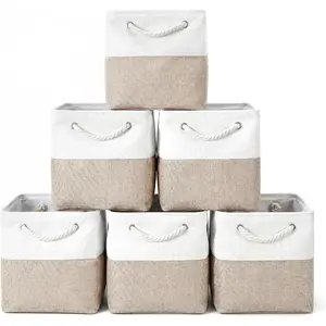 6 Pack 11.5 Inch Cube Storage Bins – Foldable Fabric Storage Cubes with Rope Handles, Sturdy Linen Baskets for Closet Organization, Shelves, Clothes, and Towels (White & Beige)