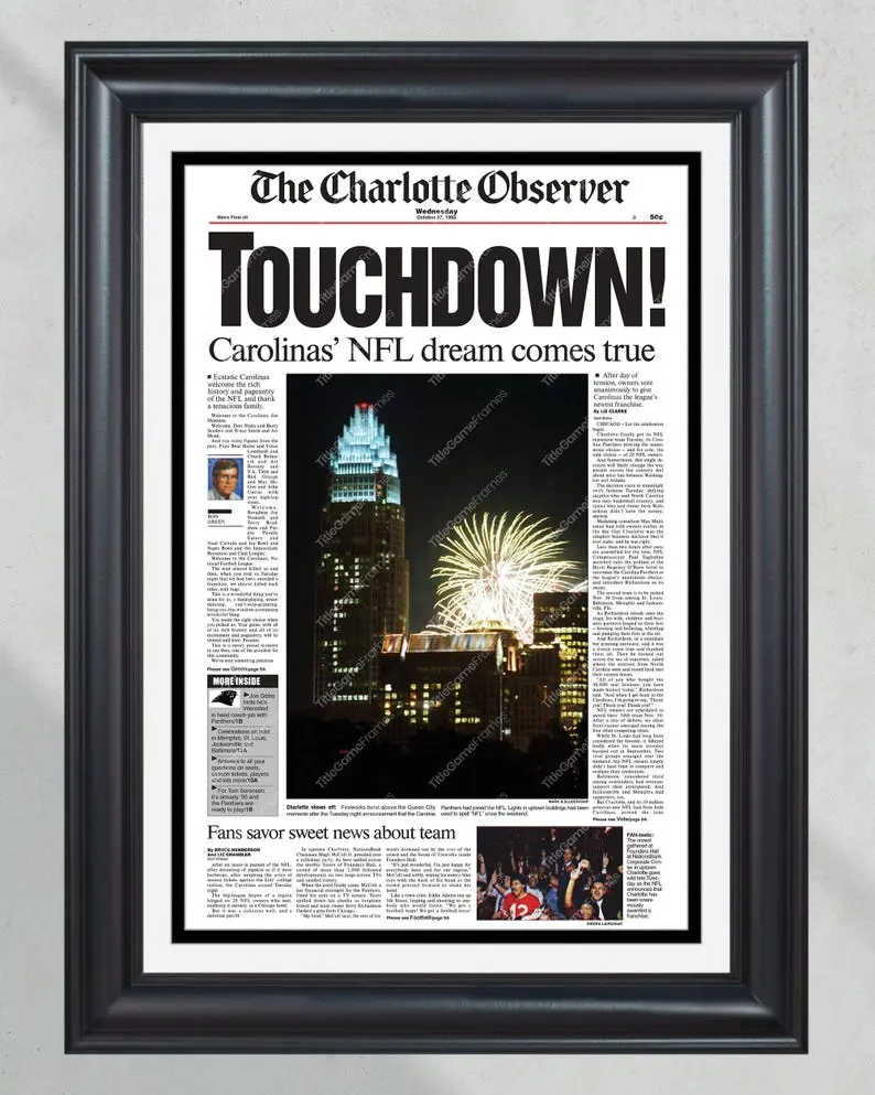 [Unframed] 1993 Carolina Panthers TOUCHDOWN Charlotte Gets New Football Team  Poster