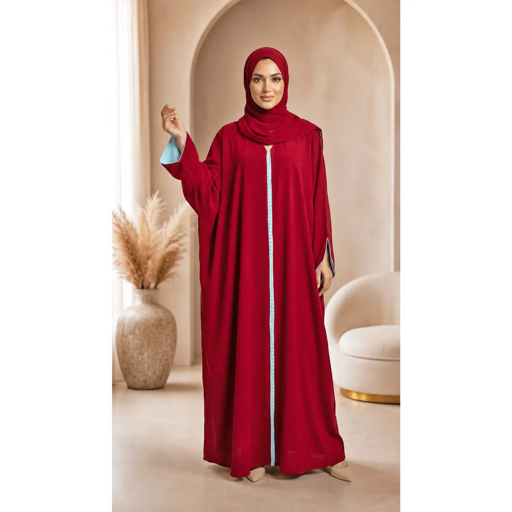 Red Maroon Moroccan Kaftan Style Abaya Drress with Sky Blue Lining in Poka Fabric