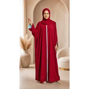 Red Maroon Moroccan Kaftan Style Abaya Drress with Sky Blue Lining in Poka Fabric