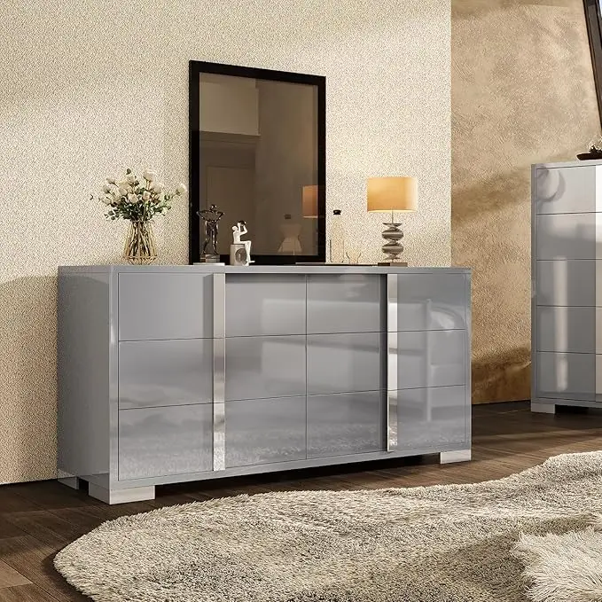 [Summerwins] [SummerFinds] AMERLIFE 54" W High Gloss 6 Drawers Dressers with Silver Grooved Handles, Modern Storage Chest of Drawers with Wide Tabletop,for Bedroom/Dressing Room