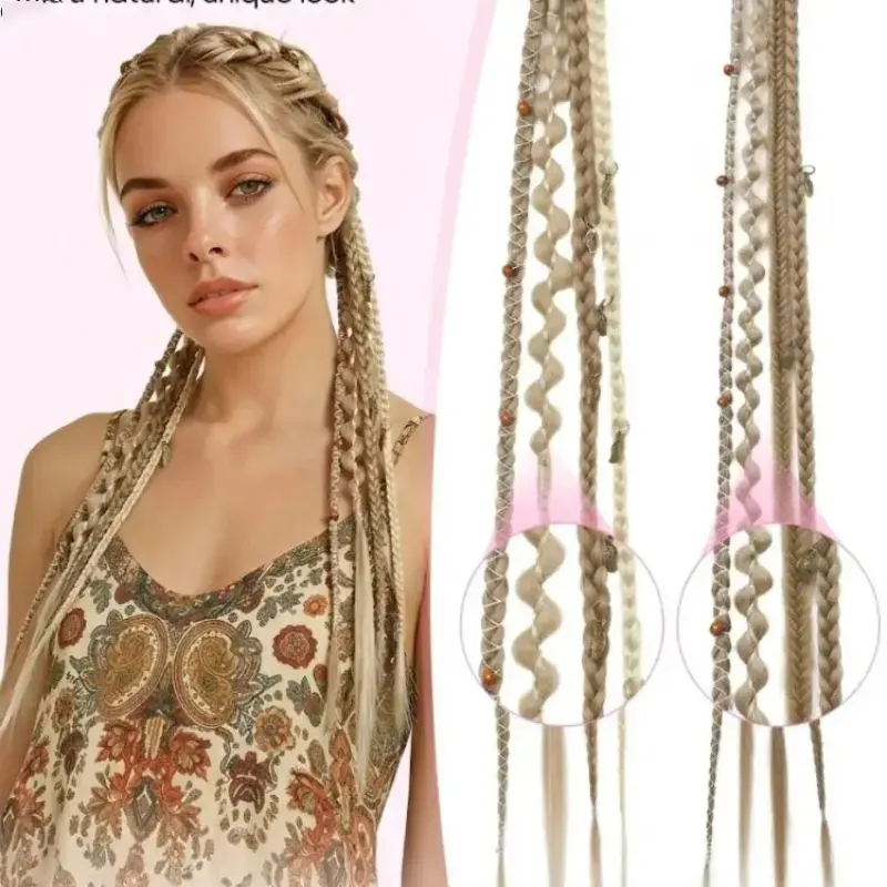 Clip In Braid Hair Extensions 20 Inch 2Pcs Boho Dreadlock Braided Hair Pieces with Beads, Handmade Synthetic Hair Accessories, Easy Wear Hair Decor for Women Daily Look, Party, Cosplay & Festival Styling