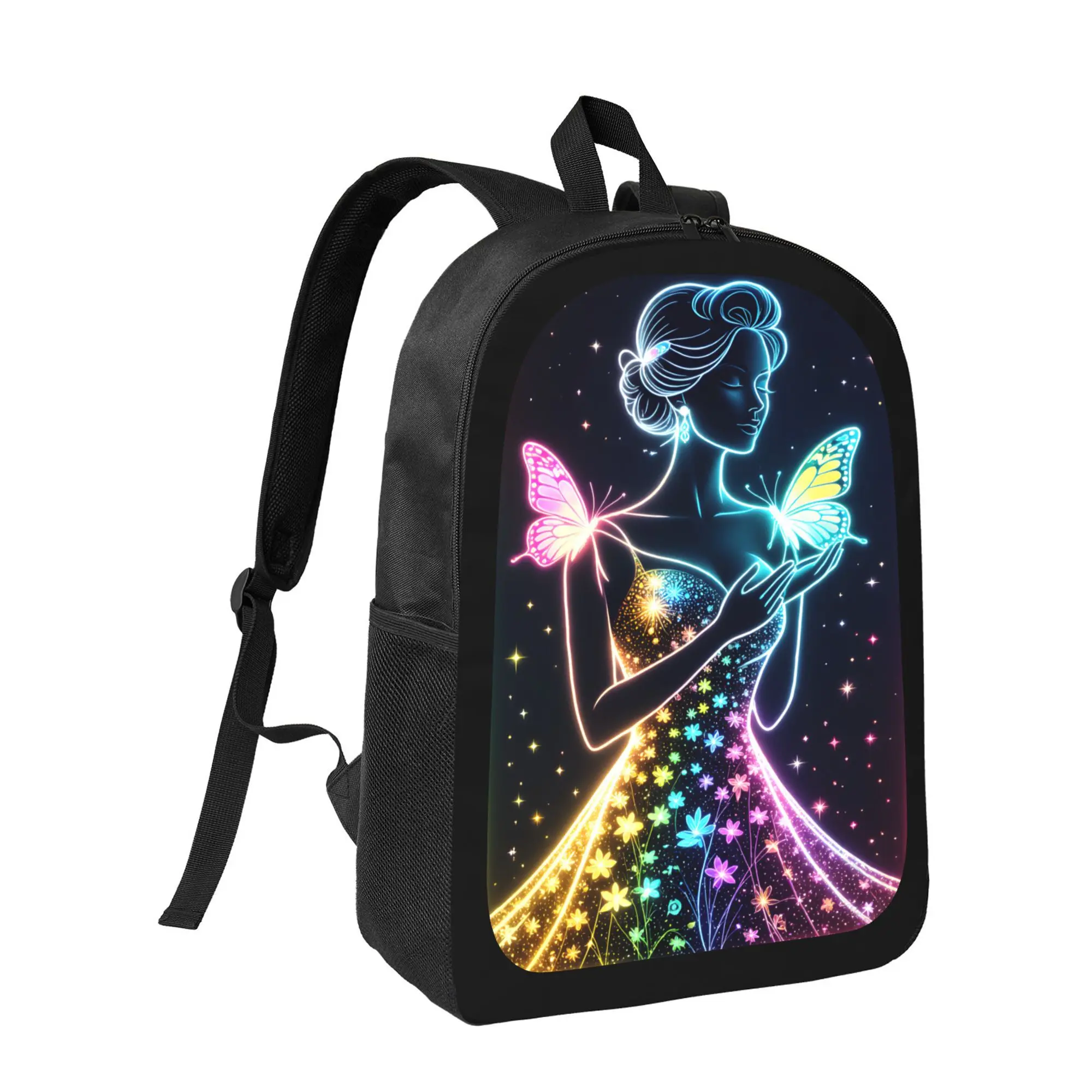 Neon Princess Glow-in-the-Dark Backpack - Lightweight Large Capacity School Bag with Adjustable Straps, Neon Glow Print & Butterfly Design, Durable Unisex Backpack for Teens & Adults, Day & Night Use (Casual & Party), Travel Accessory, Reinforced Straps,