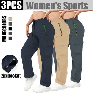 Women’s cargo athletic pants with zippered pockets, straight wide legs, high waist with drawstring casual long pants (available in 1-pack or 3-pack), Bottom, Basic,summervibes