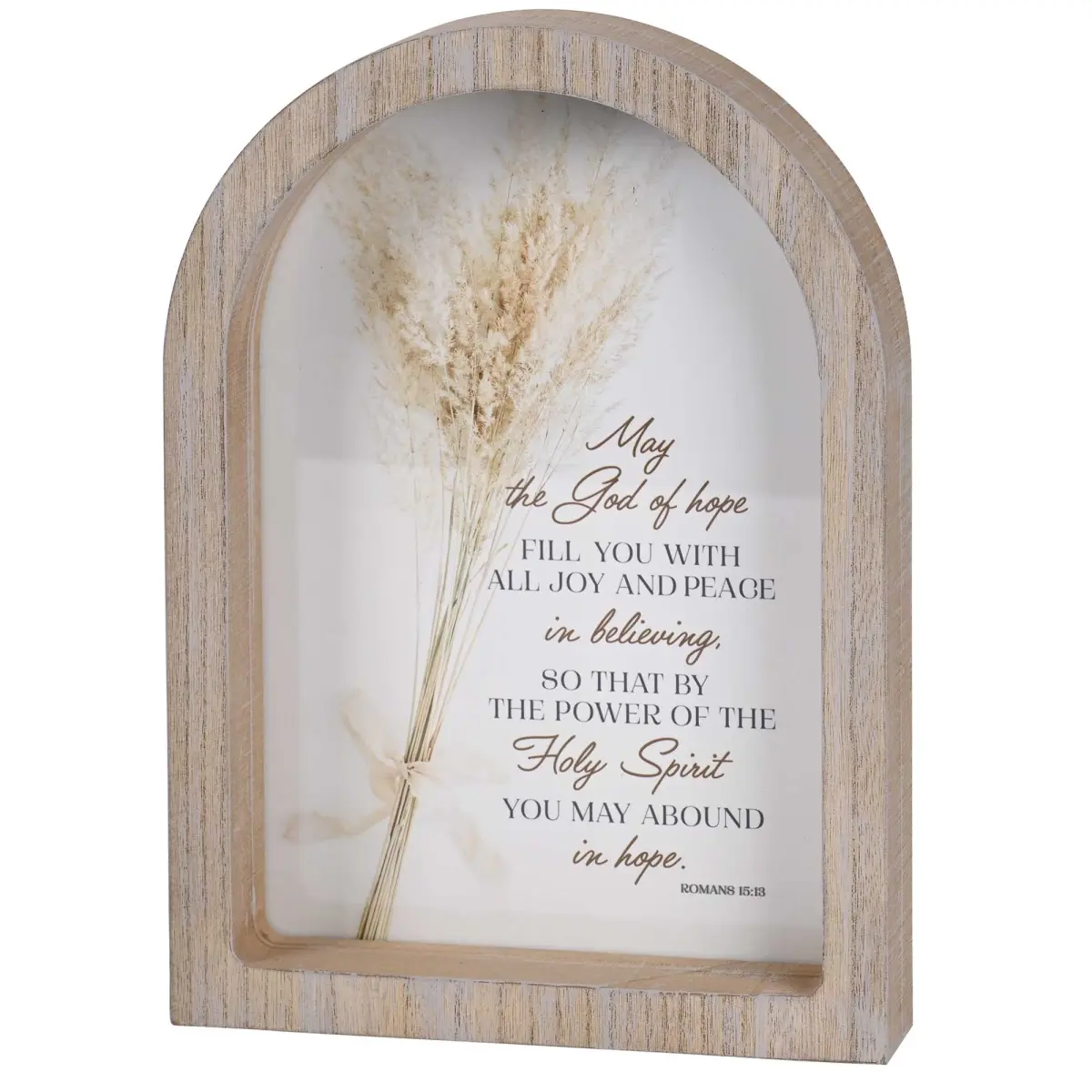 BRN 9x13 Wooden Glass Arch Photo Frame - Neutral, Lightweight Room Art with "May The God Of Hope" Verse, Floral Accent, 360-Degree Rotatable Stand, Wall Mount, Tabletop Mount, Dimensional Decor Inspo for Adults, Indoors