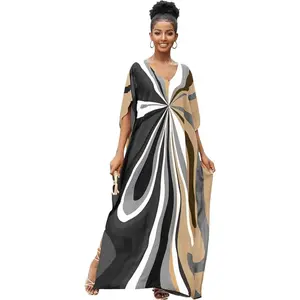 Plus Size Kaftan Dresses for Women Black White Contrast Color Batwing Sleeve V Neck Caftans Women's Swimwear Cover Ups Loungewear 100% Viscose Beach Cover Up