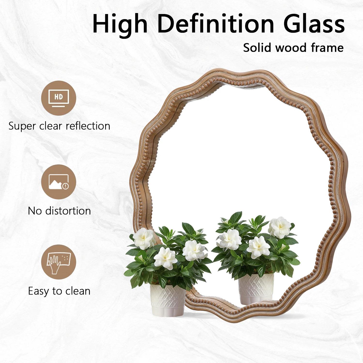 23.62 Inches Classic Design Large Circle Wall Mirror Wood Framed Hanging Wavy Scalloped Mirror for Home Decorative Use