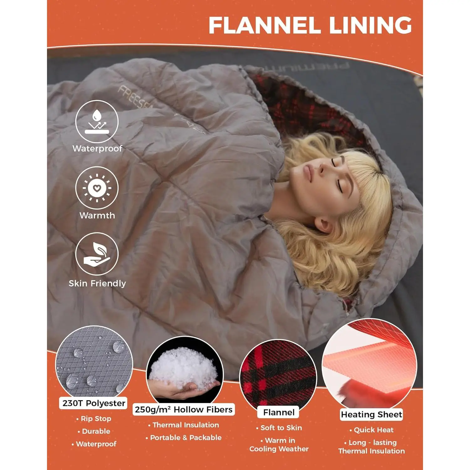 KingCamp Flannel Adult Sleeping Bag - XL Extra-Wide for Big & Tall, Waterproof, Windproof, Portable Camping Supplies for Cold & Warm Weather Travel Camping, Xl Wide, Compressed Sleeping Bags