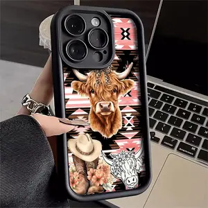 Cute Highland Cow & Western Cowboy Boots Phone Case, Boho Cowgirl Aztec Tribal Print, Pink & Brown Soft TPU Shockproof Full Camera Protection Cover for iPhone 17 Pro Max 16 15 14 Plus 13 12 11 Pro Max XS&Samsung S26 25 24 23 22