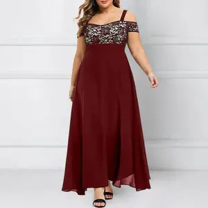 Plus Size Women Elegant Lace Off Shoulder Bandeau Chiffon Maxi A-Line Dress Ladies Evening Party Cocktail Ball Gown 1XL-6XL