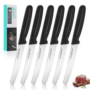 #fathersdaygift HAUSHOF Steak Knives Set of 6, Serrated Steak Knives, Premium Stainless Steel Steak Knife Set with Gift Box, Black Handle