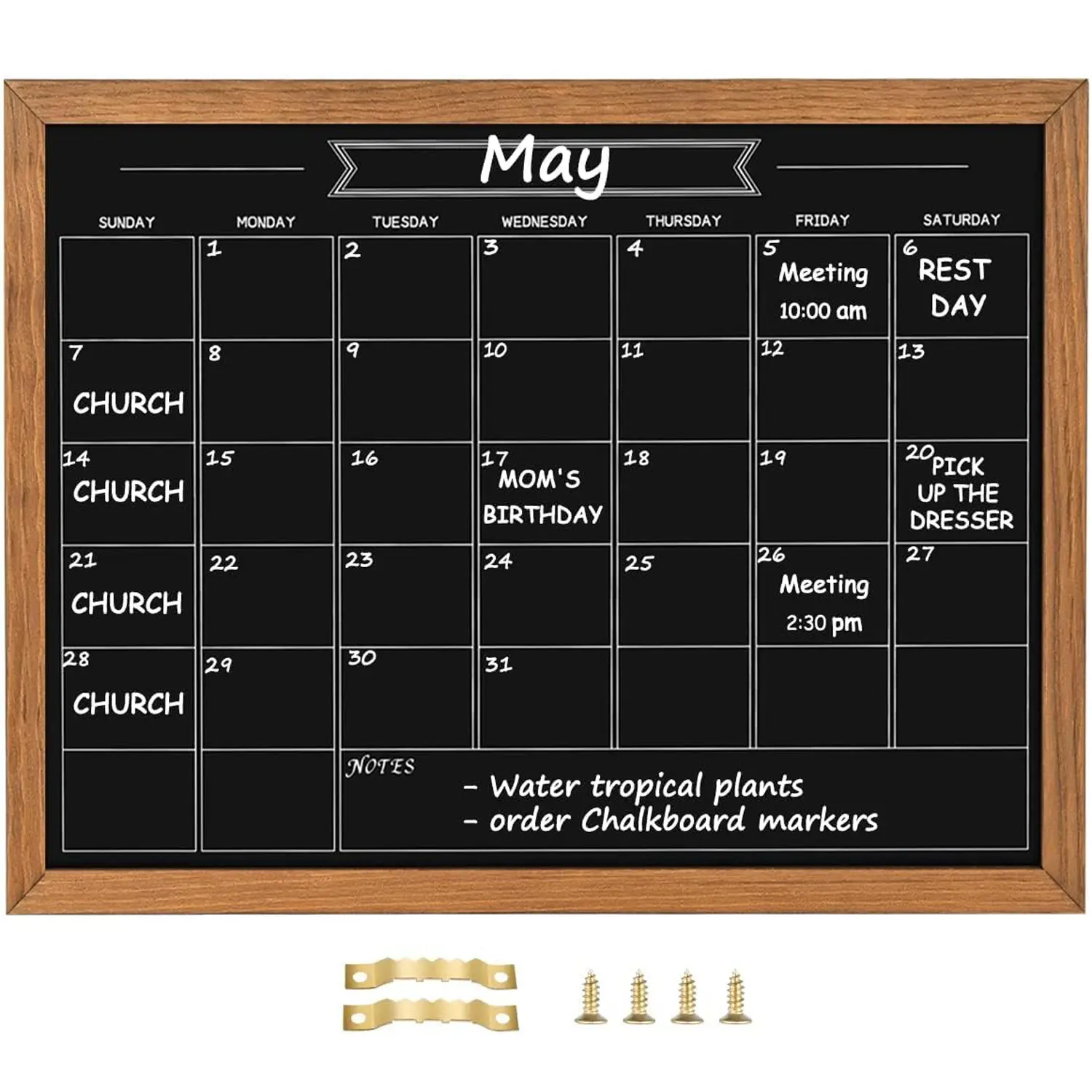 Rustic Brown Solid Pine Wood Frame Magnetic Calendar Chalkboard - Hangable Dry Erase Board, Anti-Scrap, Easy to Clean, Printed with Undated Grid, for Her Home & Office Organising, Restores Order