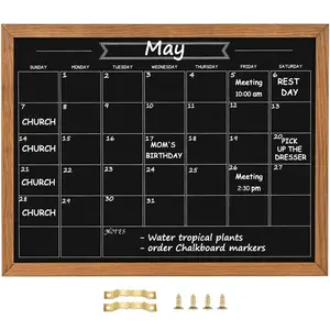 Calendar Chalkboard, Magnetic Surface Rustic Brown Solid Pine Wood Frame Chalk Board for Planning/School Timetable/Memo, Hanging Board for Office, School and Home