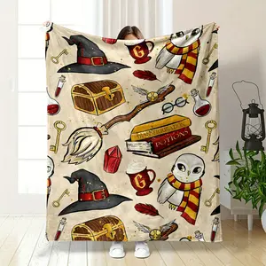Harry Potter Themed Magic Element Blanket, Collection of Hogwarts Iconic Elements Including Wizard Hat, Hedwig, Nimbus 2000, Magic Books, Magic Potions, Retro Hand-drawn Style, Comfortable and War