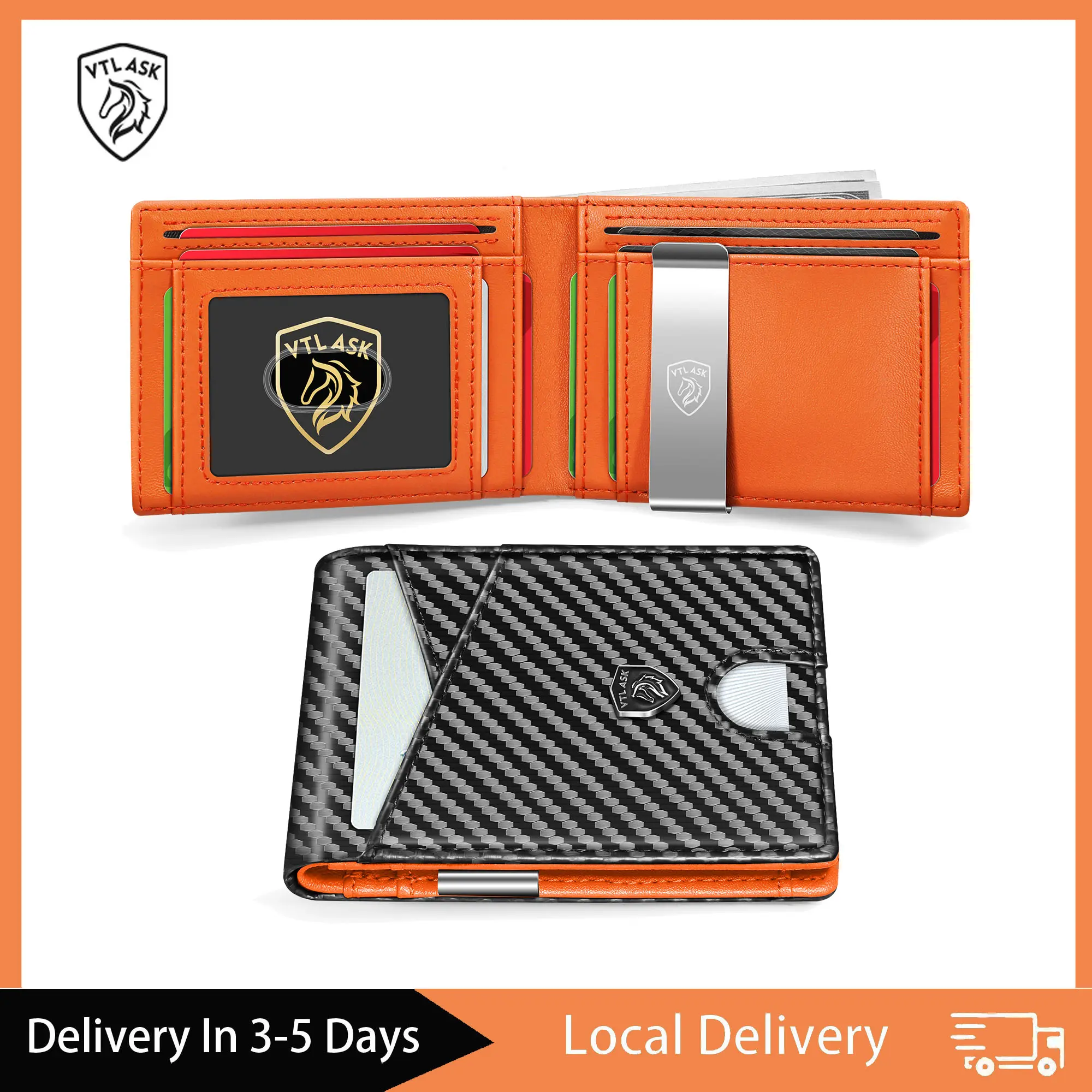 VTLASK Men's ultra-thin wallet/Leather wallet men's wallet/RFID shielded front pocket double-fold wallet/Thin credit cardwith gift box, carbon black and orange,/ modern