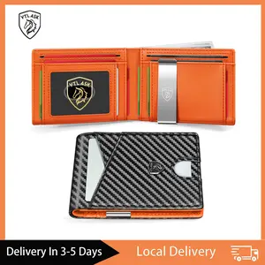 VTLASK Men's ultra-thin wallet/Leather wallet men's wallet/RFID shielded front pocket double-fold wallet/Thin credit cardwith gift box, carbon black and orange,/ modern