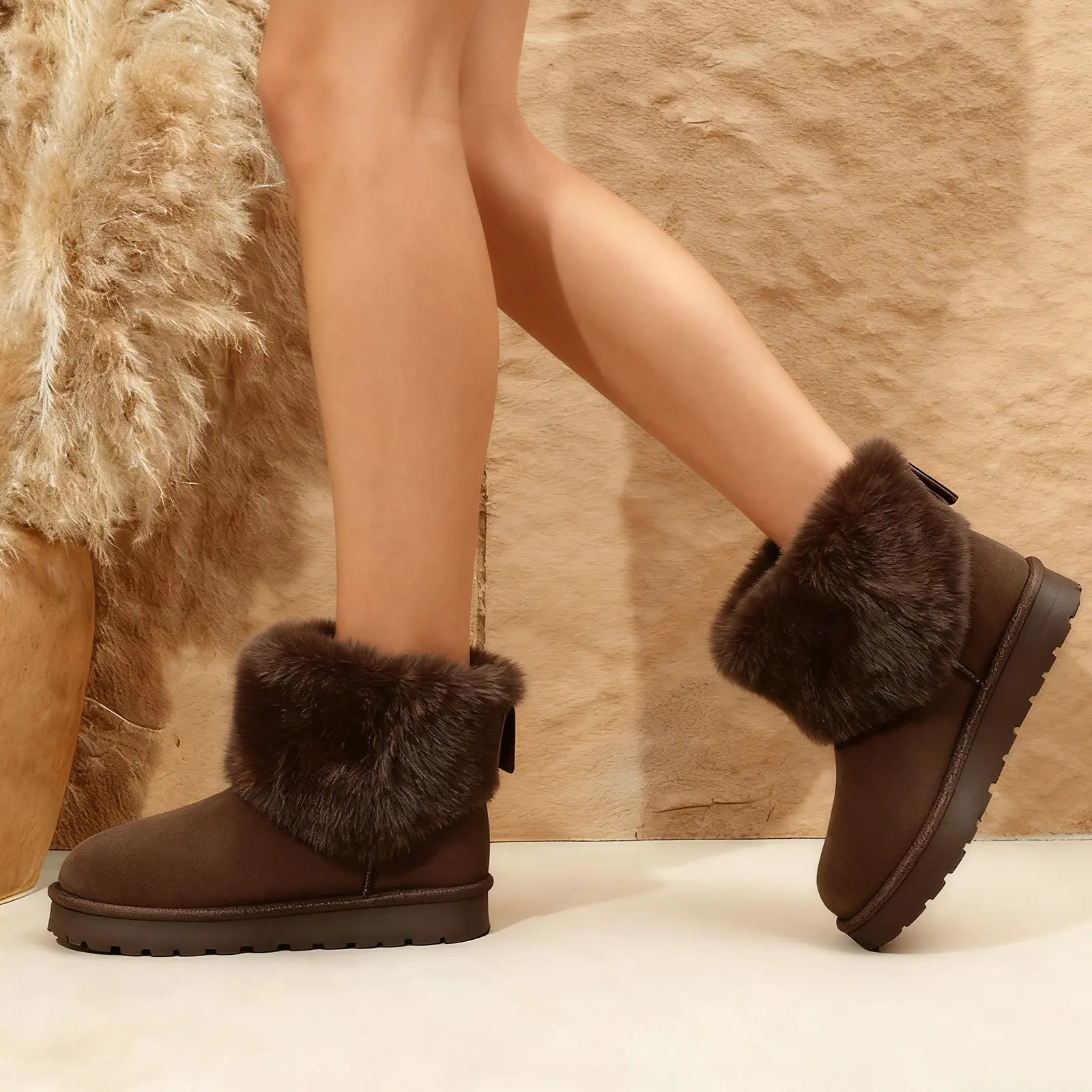 Women's Fluffy Fuzzy Faux Fur Plat Snow Boots with Bow Short Ankle Solid Suede Round Memory Foam Footwear Grip Girl Style Cozy 2026 Warm Daily Dress Shoes for Wear Stylish Loaf Multi Purpose fashion comfortable