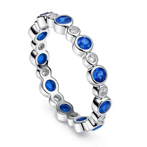 BERRICLE Sterling Silver Bubble Rings Stackable Eternity Band Ring for Women, Sapphire-Blue Bezel Set Round Cut Cubic Zirconia CZ