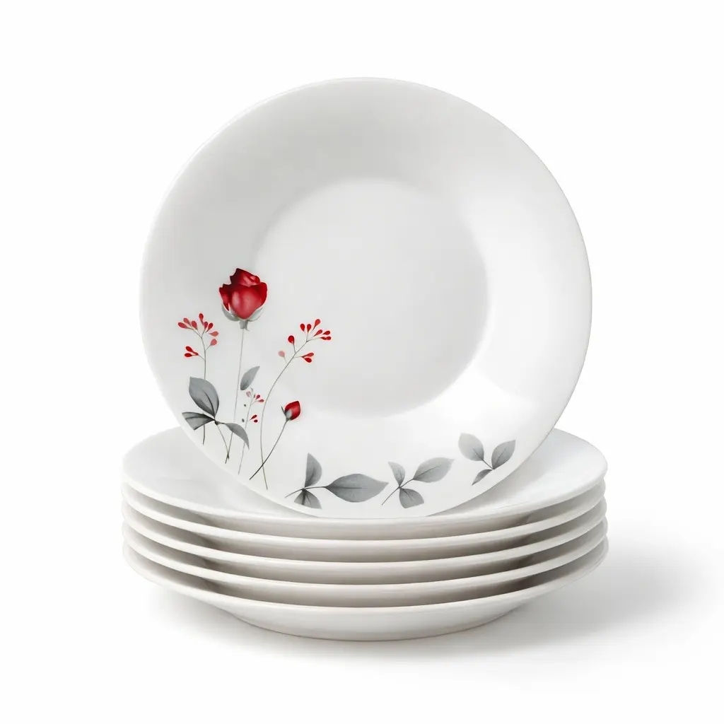 Elegant Floral 9.5inch Design Plates - Set of 6, White with Red Rose and Gray Leaves, White Tableware with Red Blossom Design, Ideal for Salads, Pasta, Soups, Lightweight Serving Dishes for Home Dining, Kitchen Use, And Table Decoration