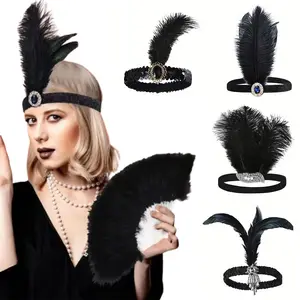 4pcs Set Masquerade Ethnic Style Black Feather Headdress Ladies Halloween Bachelor Party Feather Headband