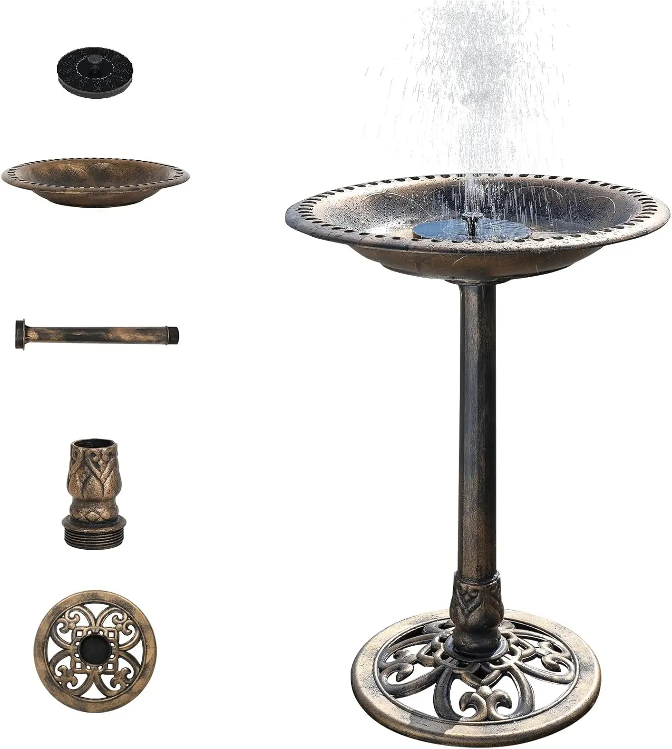 VINGLI 28-in Antique Copper Solar Fountain Bird Bath - Outdoor Weather-Resistant Resin Pedestal with Floral Accents, Vintage Finish, Spray Function, Stakes - Lightweight Easy-Use Courtyard Garden Decor,sohochic