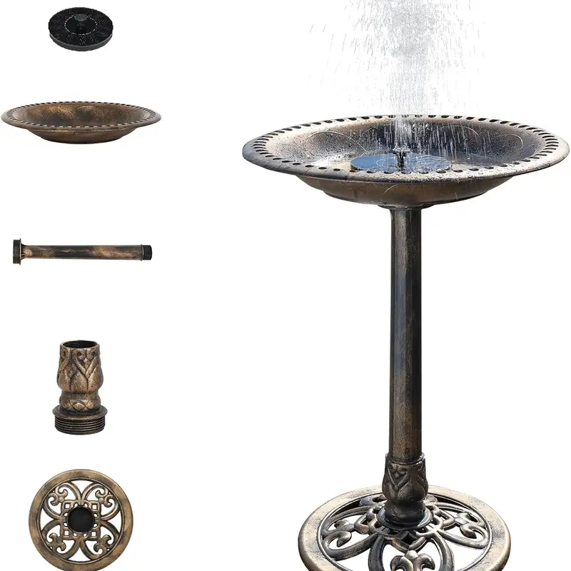 VINGLI 28-in Antique Copper Solar Fountain Bird Bath - Outdoor High-Density Resin Pedestal with Floral Accents, Vintage Finish, Spray Function, Stakes, Weather-Resistant, Lightweight, Easy-Use Courtyard Garden Decor for Enjoying Bird Watching
