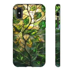 Artistic Green Tree Stained Glass Printed Tough Phone Case for iPhone Series with Dual-Layer Defense and Wireless Charging Ready | iPhone Series Cover, Perez Creations Shop