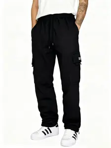 Men's Cargo Sweatpants Casual Fleece Joggers Loose Fit Open Bottom Athletic Pants for Men with Pockets Trouser Small Menswear Beige Plain