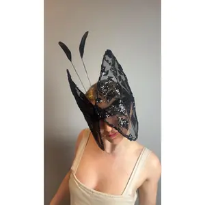 Black Sequin Butterfly Headpiece, Sheer Mesh Fairy Hat, Feather Antennae Fascinator, Festive Holiday Costume Accessory, Theatrical Headwear