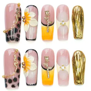 (10pce)3D Acrylic Almond Stiletto Square Shape Reusable Handmade Press-On Nails -, Natural Finish, Durable & Elegant Design (2025 Edition), Ideal for Everyday Office Wear