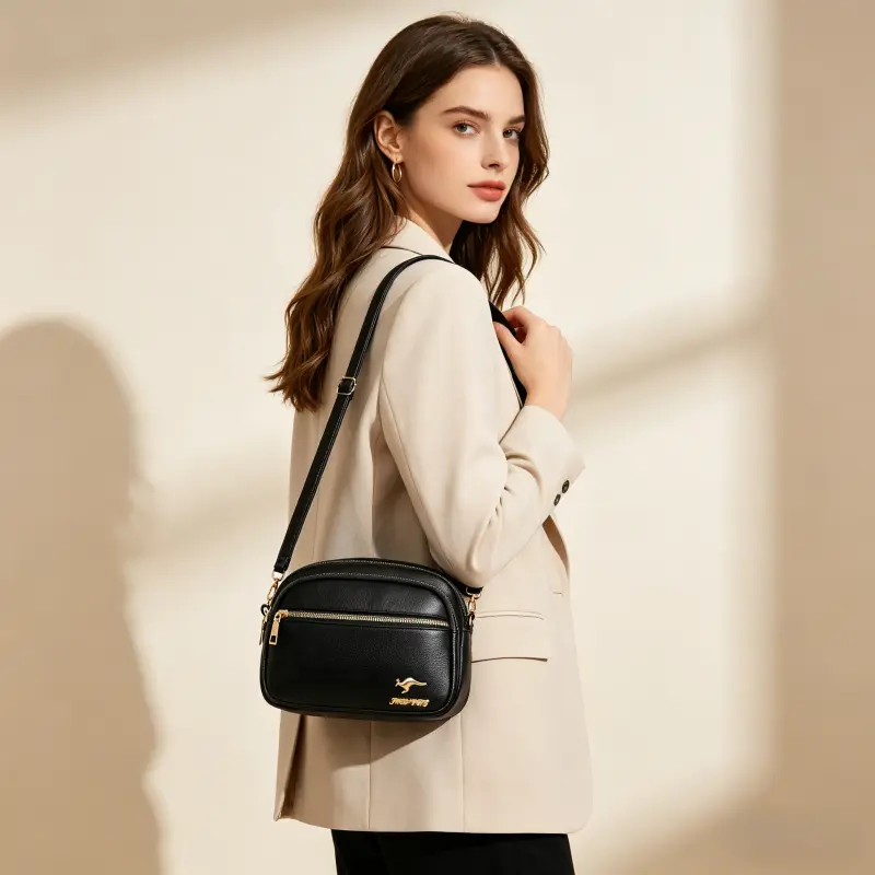 Multi-Zipper Crossbody Sling Bag with Front  Emblem and Adjustable Strap