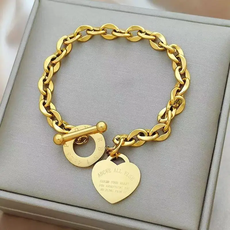 Women's Valentine Titanium Steel Heart Charms Stack Bangle - 18cm OT Buckle Bracelet, Waterproof, Hypoallergenic, Anniversary, Unisex, Birthday