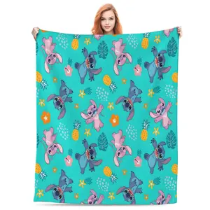 [SummerVibes] DISNEY CLASSIC Stitch Throw Blanket – Cute Blue & Pink Stitch Characters with Tropical Pineapple and Flower Design, Soft Cozy Blanket for Kids, Teens & Disney Fans, Perfect for Bed, Couch or Travel
