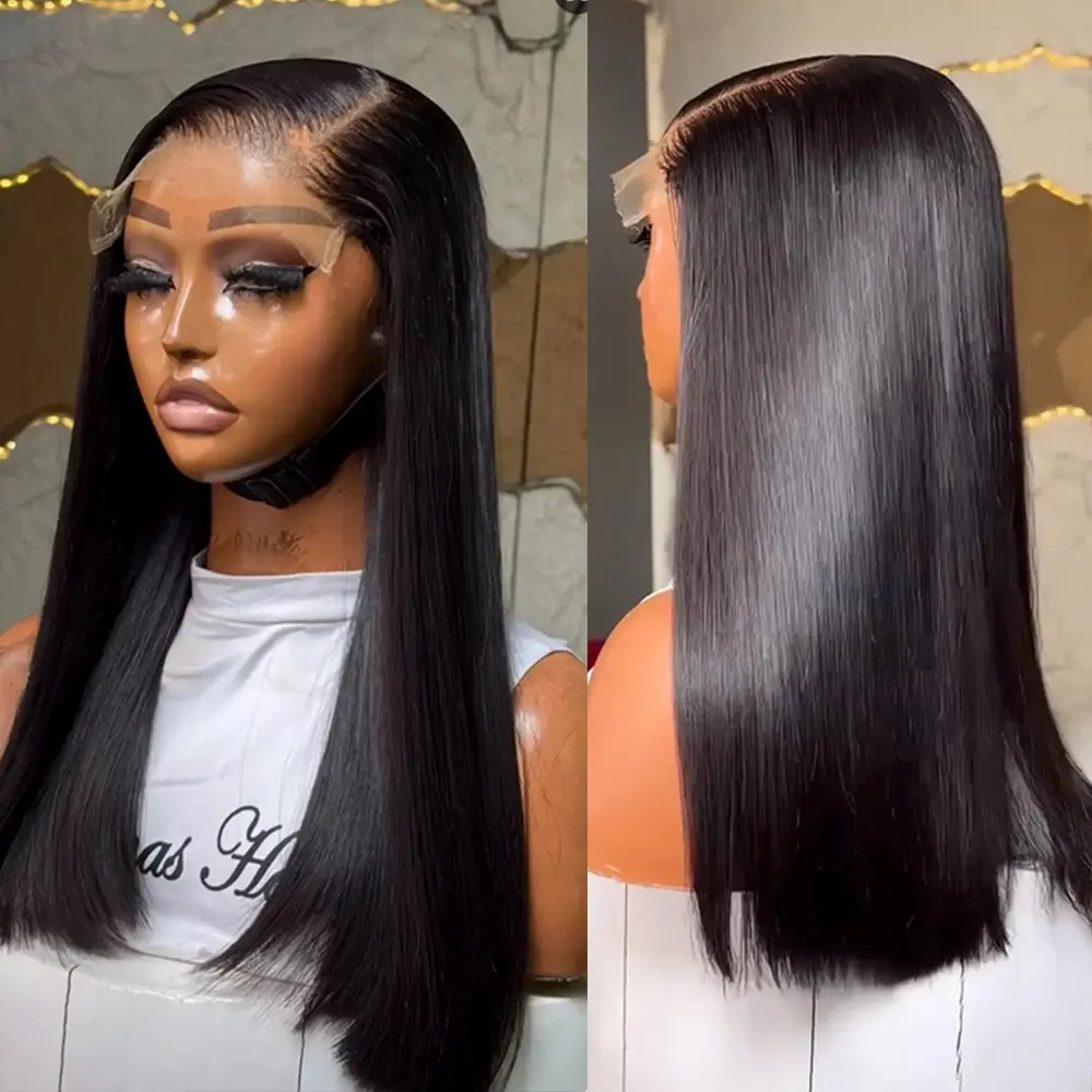 Medium Length Black Bob Wigs Short Bob Haircut Layered Straight 13x4 Free Part Synthetic Lace Front Wigs Long Bob Wigs Glueless for Women Daily Party Christmas Use Heat Resistant Soft Fiber Natural Black Color Hair Ready to Wear Begineer Friendly