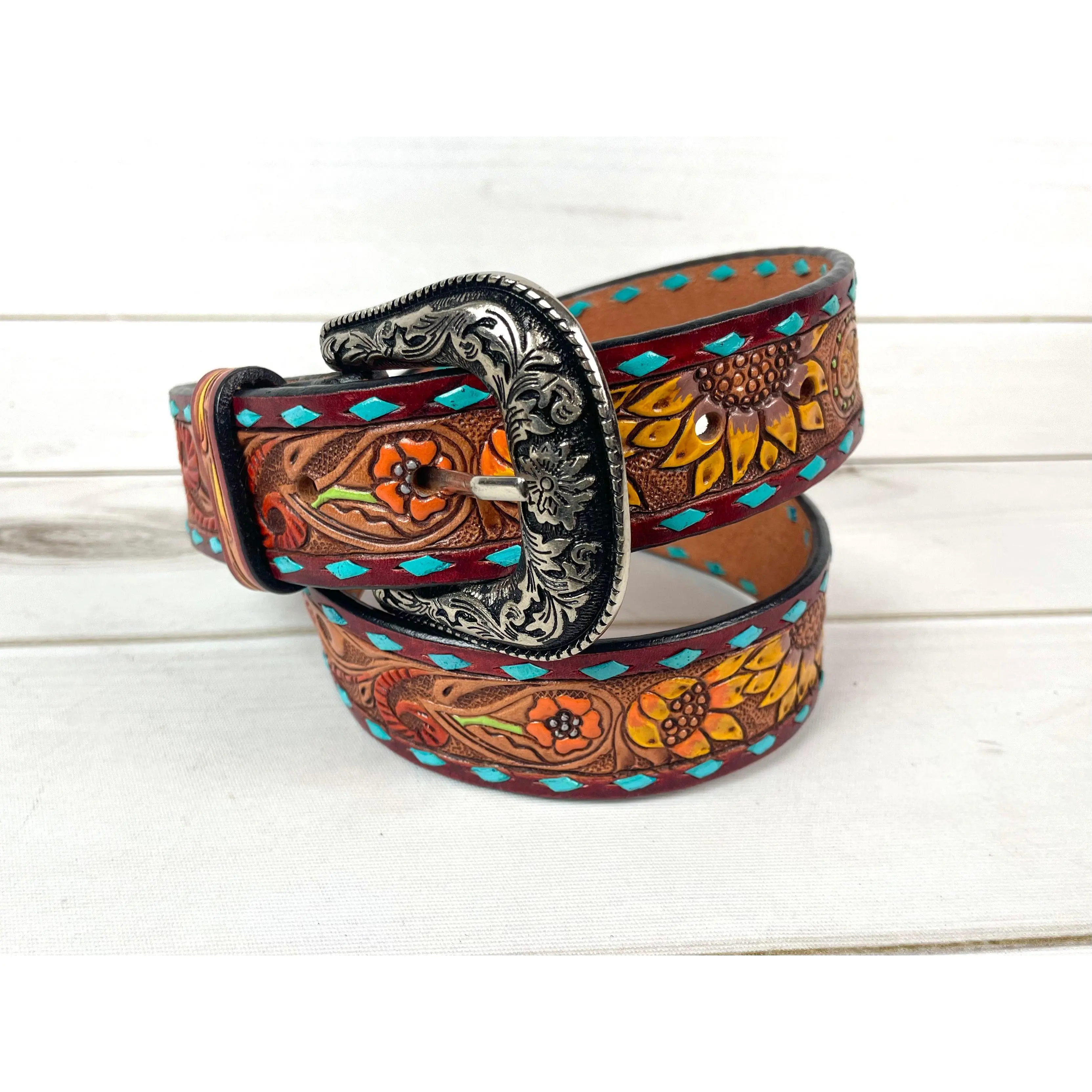 Turquoise Buckstitch Floral Tooled Leather Belt