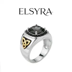 Elsyra S925 Sterling Silver Ring Elegant Men's Ring with Synthetic Black Sapphire Cubic Zirconia - Single Square Cut Gem No Plating Engagement Wedding Band