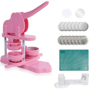 Button Maker Machine 58mm (2.25 in) Installation-Free, DIY Button Pin Maker Machine, Button Badge Press Machine with Free 50pcs Button Maker-Pink