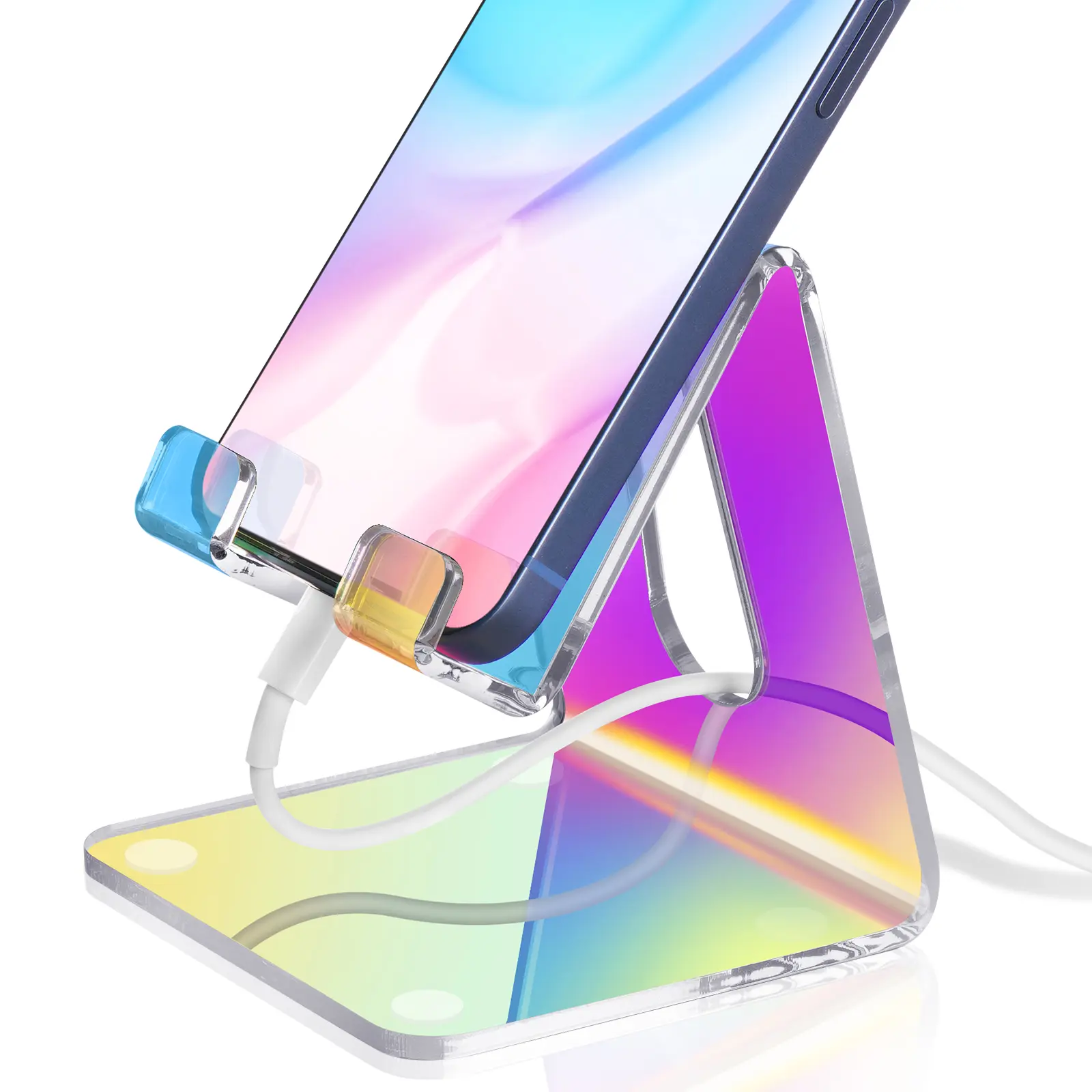 Tomorotec Aesthetic Tech Transparent Iridescent Acrylic Cell Phone Holder - Stable, Non-Slip, Portable Desktop Mount with Charging Slot for All Smartphones & Tablets, Home Office Accessory (Phone Holders & Mounts), Cell Phone Holders, 4Mm