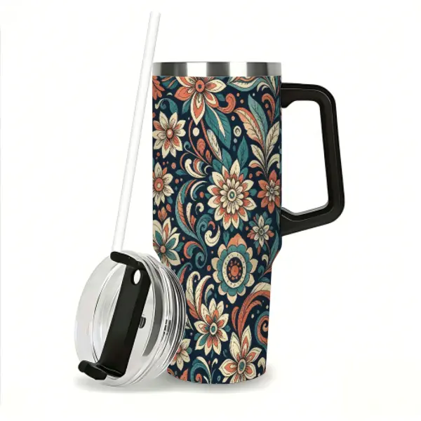 Stylish Retro Paisley Floral Insulated Travel Mug, Boho Pattern Stainless Steel Coffee Tumbler Flasks for Daily Commute