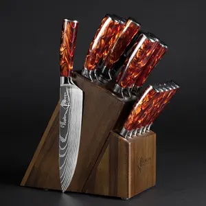 16-Piece Natural Acacia Wood Kitchen Knife Block Set - Damascus Pattern Chef Knife Set, Steak Knives, Kitchen Shears - Red Resin Handles - Senken Knives