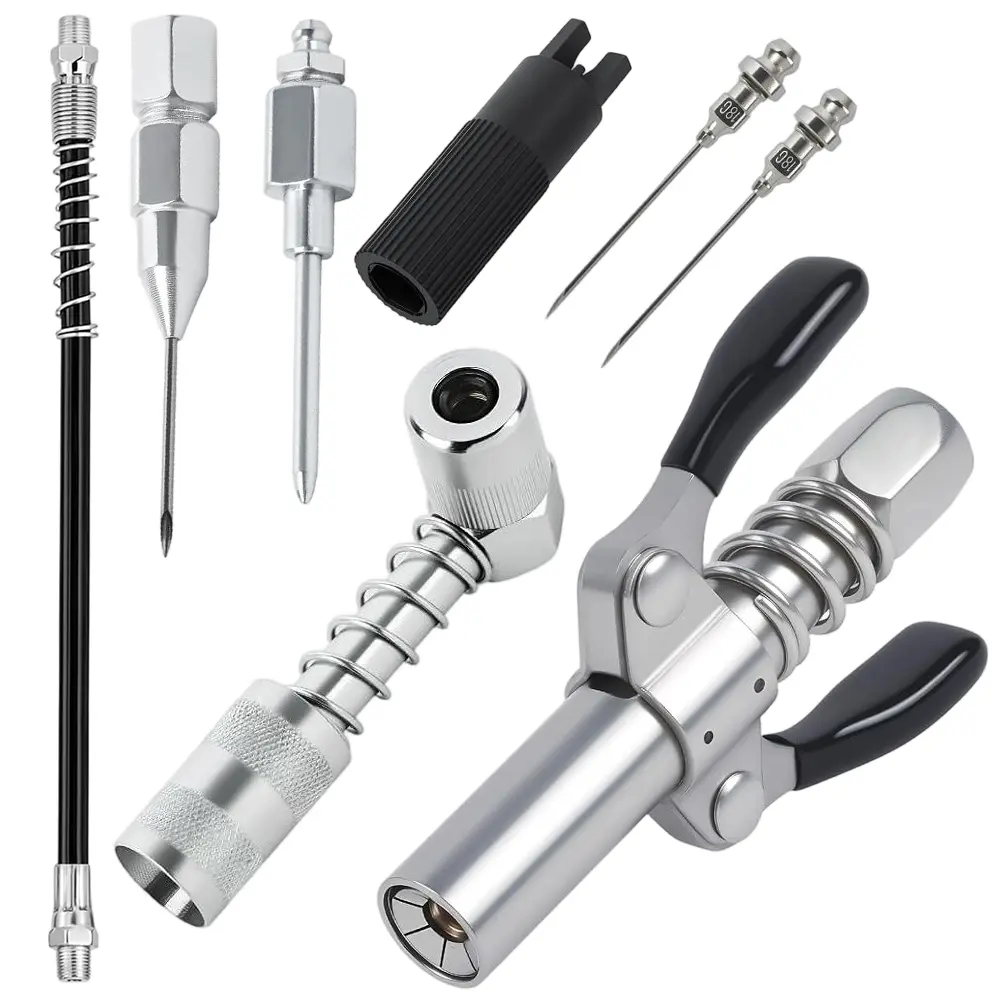  9-Piece Grease Gun Coupler Kit, 90 Degree Adapter - Grease Neddle Dispenser, 12" Grease Gun Hose,Grease Gun Needle Nozzle Tips, Zerk Fitting Cleaner