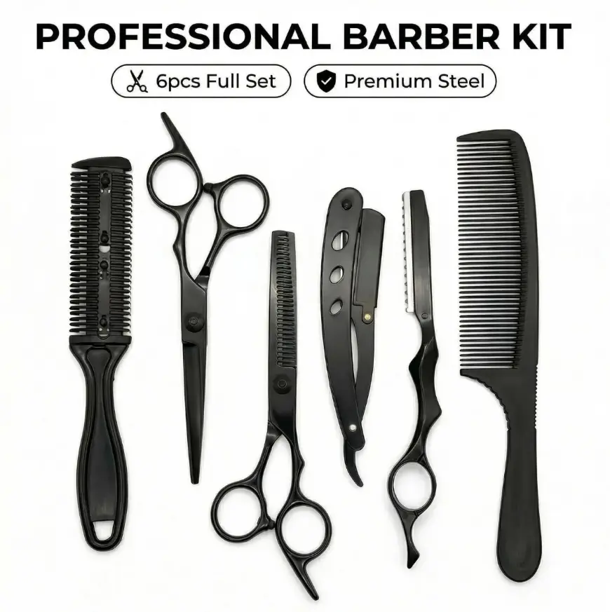 Wango 6PCS Professional Black Barber Haircutting Kit for Adults - Unscented hair care equipment with stainless steel blades, thinning shears, razor comb, texturizing tools, lightweight volumizer for salon & home use straight tooth accessory